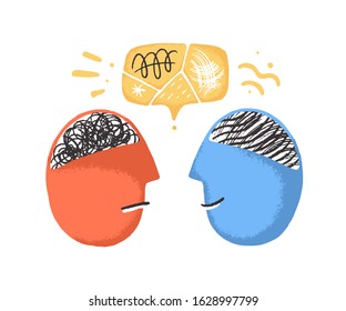 Intense communication between two abstract persons. Thinking process, brainstorming, conflict management. Hand drawn flat illustration.