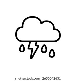 Intense dark cloud with thunderbolt and drops of rain in line icon style. Ideal for severe weather forecasts, storm alerts, and disaster prep visuals.