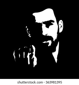 Intense dark shadow portrait of bearded man pointing index finger at camera. Vector illustration. 