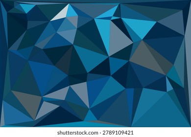 Intense deep blue abstract low poly background showcasing a spectrum of geometric triangles in various shades of blue and hints of grey, creating a cool and intricate pattern.