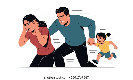 Intense dramatic scene of a concerned family with parents and a young child fleeing from an unseen danger or emergency situation.