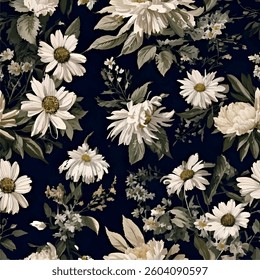 The intense, dramatic shade of black highlights the simple white and soft yellow colors of daisies. Designed in a vintage style, daisies often have a classic handcrafted feel, with fine details 