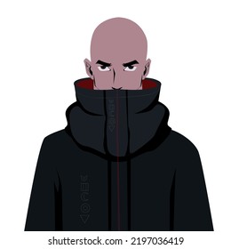 Intensive Ausdrucksform des harten kaukasischen Mannes mit grauem Kapuzenpullover, Straßenmodell, Hooligan Cyberpunk-Stil. Vektorgrafik