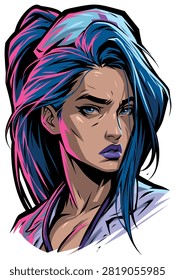 Intense Female Character with Vibrant Blue and Pink Hair