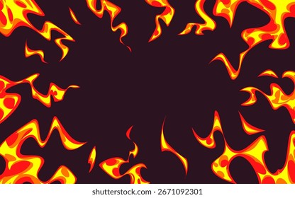 Marco de fondo de anime de fuego intenso con llamas ardientes de color naranja y amarillo para escenas dramáticas o secuencias de batalla. Borde ardiente caliente con la bolsa oscura para las interfaces del juego o los efectos explosivos del manga.