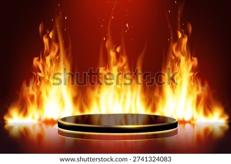 Intense fire flames with golden podium on red background vector illustration