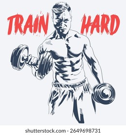 Ilustração de aptidão intensa do homem muscular fazendo treino de haltere corpo completo pose força vetor