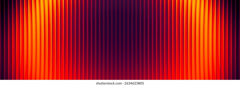 Intense flowing gradient of fiery red yellow glow through fractal glass. Vibrant stripes with color shift from fiery orange to deep purple. Dynamic gradient of summer warmth in glowing glass lines