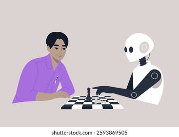 An intense game of chess occurs as a human player concentrates against a sophisticated robot opponent in a minimalist setting, The atmosphere is charged with anticipation