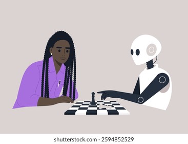 An intense game of chess occurs as a human player concentrates against a sophisticated robot opponent in a minimalist setting, The atmosphere is charged with anticipation