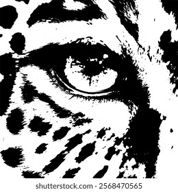 The intense gaze of a leopard's eye, with detailed spots and markings creating a dramatic effect, striking black and white art illustration