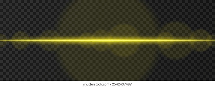 Feixe laser horizontal de ouro intenso. Luz brilhante e focada com clarões de lente e efeitos de brilho. Design de ficção científica, destaques futuristas e fluxo de energia em um fundo escuro.