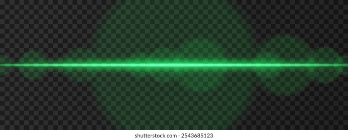 Feixe laser horizontal verde intenso. Luz brilhante e focada com clarões de lente e efeitos de brilho. Design de ficção científica, destaques futuristas e fluxo de energia em um fundo escuro.