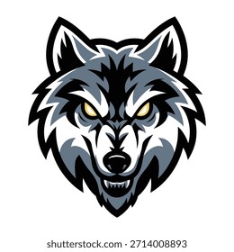 Logotipo de mascote de cabeça de lobo cinzento intenso com olhos amarelos