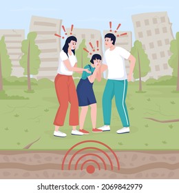 Intense ground shaking from earthquake flat color vector illustration. Emotional distress. Couple with kid becoming frightened of quake 2D cartoon characters with collapsing buildings on background