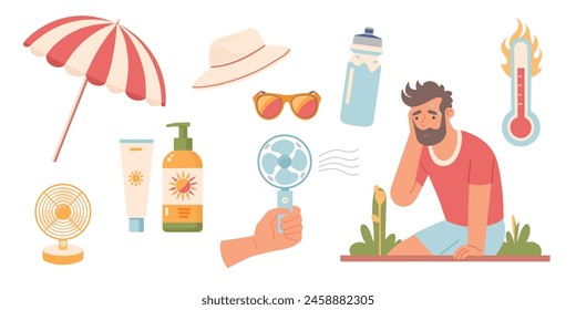 Intense heat. The man is sick from the heat. Sunstroke. Sun protection products. Fan, Water, Beach umbrella, SPF, Sunglasses, Sun hat