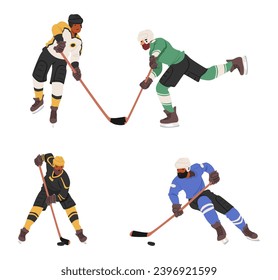 Intense Hockey Players Clash On The Ice, Swift And Skilled, Chasing The Puck With Determination. The Arena Echoes With The Sounds Of Skates Cutting Ice And Resonant Collisions. Vector Illustration