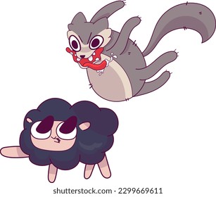 Intense illustration, a hungry wolf sets its sights on a helpless black sheep, causing the frightened animal to tremble in fear. The wolf's sharp teeth and drooling mouth create a sense of danger and 