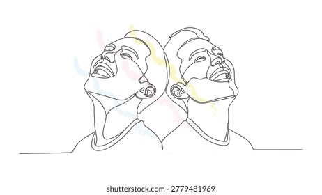 Intense laughter, pure bliss, abstract color splashes, clean line drawing, happiness, joy, connection, men.