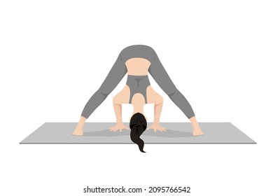 Intense Leg Stretch Pose. Feet Spread Intense Stretch Pose, Wide-Legged Forward Bend Pose. Beautiful girl practice Prasarita Padottanasana. Young attractive woman practicing yoga exercise. working out