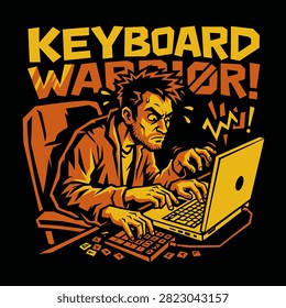 An intense man types aggressively on his laptop computer screen