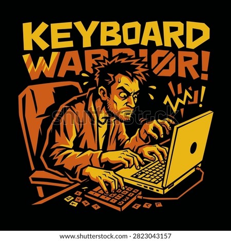 An intense man types aggressively on his laptop computer screen