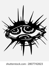 Intense mystical illustration featuring three eyes within a chaotic, spiky, and dripping design, symbolizing profound insight or a watchful spiritual presence