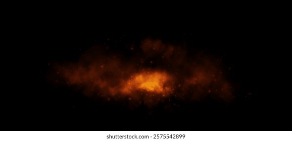 An intense orange mist illuminated by fiery sparks, floating on a dark backdrop, evoking a sense of heat, energy, and cosmic mystery.