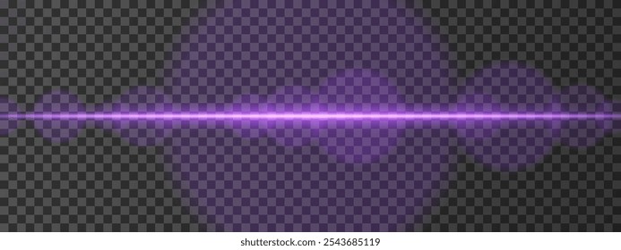 Feixe laser horizontal roxo intenso. Luz brilhante e focada com clarões de lente e efeitos de brilho. Design de ficção científica, destaques futuristas e fluxo de energia em um fundo escuro.