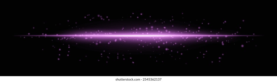 Feixe de luz horizontal roxo intenso com partículas brilhantes e efeitos de brilho suave. Linha radiante brilhante em um fundo escuro, ideal para adicionar um brilho futurista