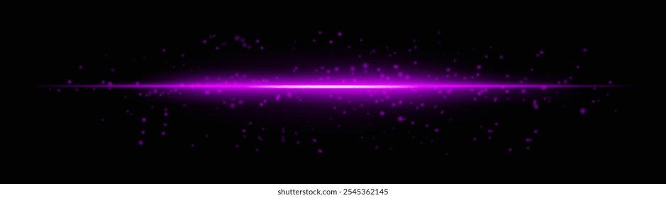 Feixe de luz horizontal roxo intenso com partículas brilhantes e efeitos de brilho suave. Linha radiante brilhante em um fundo escuro, ideal para adicionar um brilho futurista