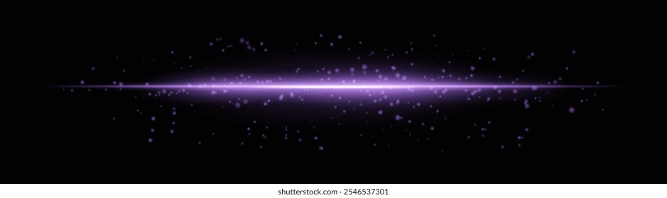 Feixe de luz horizontal roxo intenso com partículas brilhantes e efeitos de brilho suave. Linha radiante brilhante em um fundo escuro, ideal para adicionar um brilho futurista