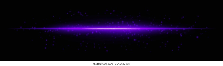 Feixe de luz horizontal roxo intenso com partículas brilhantes e efeitos de brilho suave. Linha radiante brilhante em um fundo escuro, ideal para adicionar um brilho futurista