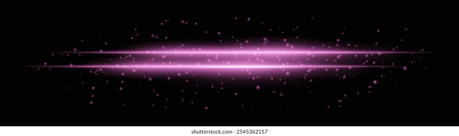 Feixes de luz horizontal roxo intenso com partículas brilhantes e efeitos cintilantes. Linhas radiantes brilhantes em um plano de fundo escuro, ideal para adicionar realces dramáticos