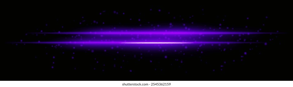 Feixes de luz horizontal roxo intenso com partículas brilhantes e efeitos cintilantes. Linhas radiantes brilhantes em um plano de fundo escuro, ideal para adicionar realces dramáticos