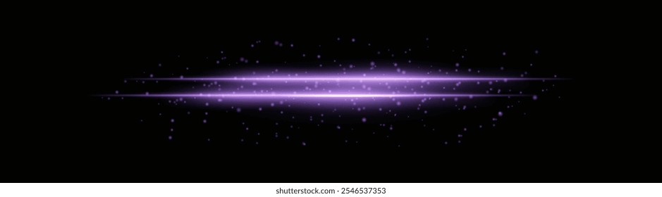 Feixes de luz horizontal roxo intenso com partículas brilhantes e efeitos cintilantes. Linhas radiantes brilhantes em um plano de fundo escuro, ideal para adicionar realces dramáticos