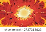 Intense red comic book explosion background with a central halftone burst, radial motion lines, fiery elements, and jagged debris.