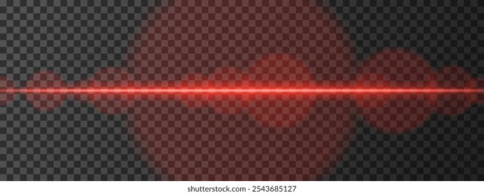 Feixe laser horizontal vermelho intenso. Luz brilhante e focada com clarões de lente e efeitos de brilho. Design de ficção científica, destaques futuristas e fluxo de energia em um fundo escuro.