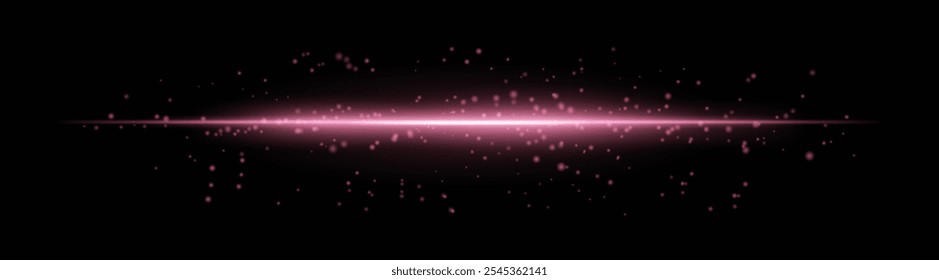 Intense red horizontal light beam with glowing particles and soft sparkle effects. Bright radiant line on a dark background, ideal for adding a futuristic glow