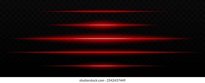 Intensas rayas de luz Horizontal roja con un efecto de brillo sobre un fondo oscuro. Adecuado para temas futuristas, efectos de ciencia ficción o transiciones digitales.