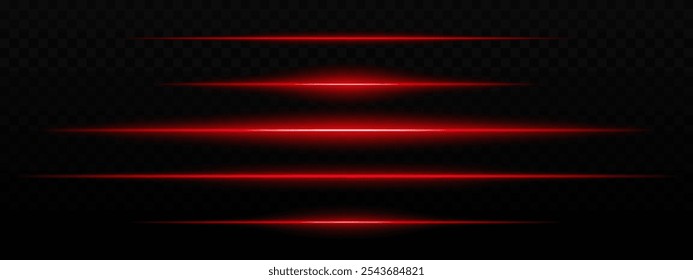 Intensas rayas de luz Horizontal roja con un efecto de brillo sobre un fondo oscuro. Adecuado para temas futuristas, efectos de ciencia ficción o transiciones digitales.