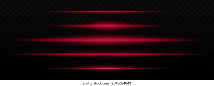 Intensas rayas de luz Horizontal roja con un efecto de brillo sobre un fondo oscuro. Adecuado para temas futuristas, efectos de ciencia ficción o transiciones digitales.