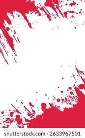 Intense red paint splatters and smeared brush strokes form a dramatic grunge border on a white background. Abstract vector frame, ideal for horror themes or edgy designs with copy space.