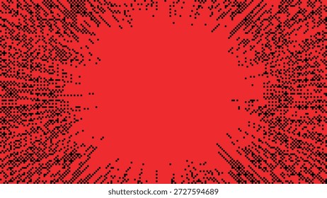 Efeito de explosão solar radial vermelha intensa com partículas de pixel preto e linhas pontilhadas explodindo a partir de um ponto focal vazio central Ilustração vetorial
