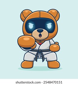 Urso robótico intenso em uma postura de luta com uniforme de artes marciais, ilustração vetorial.