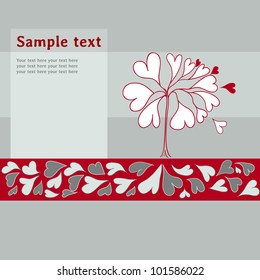 Intense romantic background with single stylized tree with hearts and  text frame for your information. Vector illustration.