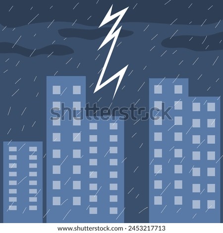Intense scene of a stormy sky with lightning bolt striking buildings in a cityscape, rendered in desaturated blue tones. Captivating and ominous atmosphere depicting the power and majesty of nature