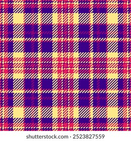 Textura de tecido sem costura intensa, cobrindo tartan padrão de verificação. Fundo têxtil vetor multicolorido revestido em violeta e paleta de cores douradas claro.