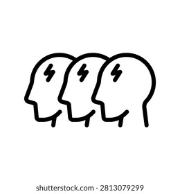 Intense team brainstorming with three human profiles and lightning bolt brain ideas