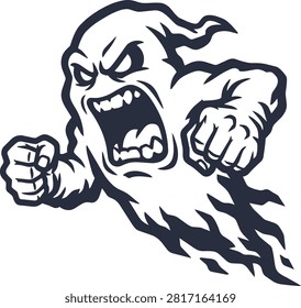 An intense vector illustration of a cartoon ghost character displaying an angry expression. The spectral being floats forward while clenching its fists in a threatening and aggressive pose.